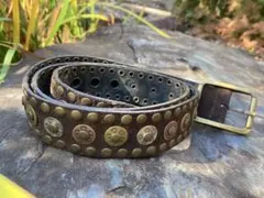 フランス製　ヴィンテージ　レザー スタッズ装飾 ベルト ブラウン
