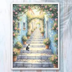 A4 花咲く小径と黒白猫の佇む地中海の街角 癒しの風景画アート インテリア絵画