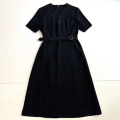 美品⭐️ブラックフォーマル ワンピース 11号 花刺繍 金バックル ベルト 日本製