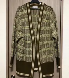 レディース　ロングチェック柄　厚み　ウールカーディガン