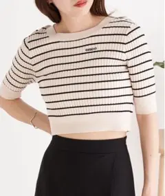CHICO ストライプニットトップス 半袖　グログランリボンニット