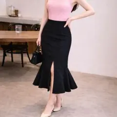 デニム マーメイドスカート ロング スリット ジーパン 黒 ブラック 美脚 S