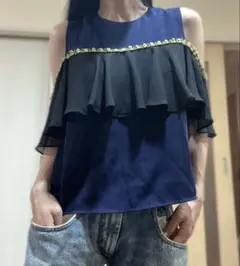 PAMEO POSE ネイビー×ブラック フリル ノースリーブ トップスのサムネイル