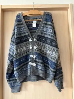 【希少デザイン】ノルディック柄 ニットカーディガン チャイナボタン風 ブルー系