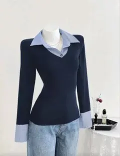 ネイビー Vネックセーター ストライプ襟