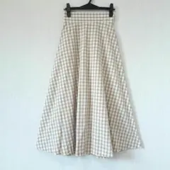 GU ギンガムチェック ロング フレアスカート ハイウエスト ベージュ S