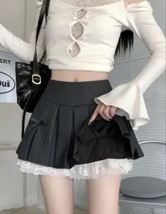 ダークグレー プリーツスカート リボン付き