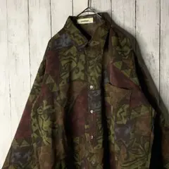 古着 日本製 ポリシャツ グリーン マルチカラー 総柄 テロ感 個性的