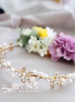 パールクリスタルヘッドドレス　ゴールド　ティアラ