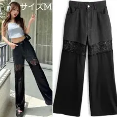 新品タグ付❤GRL デニムレースツイル異素材ドッキングパンツ　Mサイズ　ブラックのサムネイル