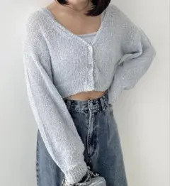 【値下げ】Heather ヘザー ラメニット カーディガン 水色 ショート丈