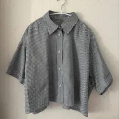 半袖チェックシャツ　襟付き　ブラック