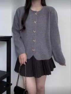 リボンボタン付きカーディガン グレー
