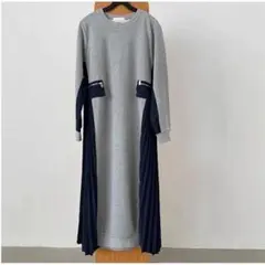 グレー×ネイビー ロングワンピース 長袖