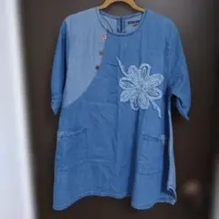 デニムチュニック 半袖 花柄刺繍 ポケット付のサムネイル