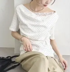 mystic レースドッキングオフショル半袖Tシャツ ホワイト(ドット)のサムネイル
