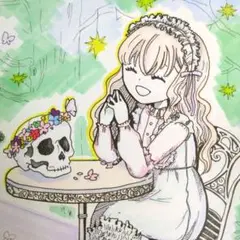 手描き　アナログイラスト　創作　ドクロと女の子