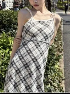 【完売商品】新品！未着用！リボンバイアスチェック柄マキシワンピース