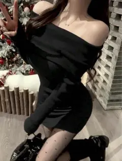 SHEIN オフショルダー ニットワンピース 黒 ブラック シーイン