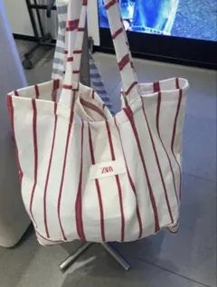 新作　新品・未使用　ZARA エコバッグ 白と赤のストライプ