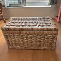 レトロ ラタン収納ボックス 籐家具 フタ付き バスケット ヴィンテージ