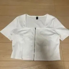 shein ホワイト フロントジップ リブ トップス 半袖のサムネイル