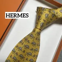 美品 ネクタイ エルメス イエロー 亀柄 花柄