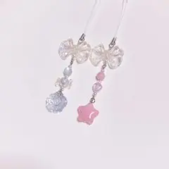 ビーズキーホルダー 2点 水色 ピンク バラ 星 リボン No.115