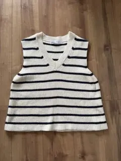 ZARA ニットベスト アイボリー ネイビー ストライプ S