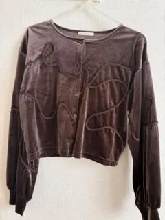 ベロア2wayトップス　カーディガン　ロープ模様　ブラウン　秋冬