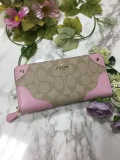 ◆正規品◆新品◆COACH コーチ◆カーキ 四隅ピンク 長財布