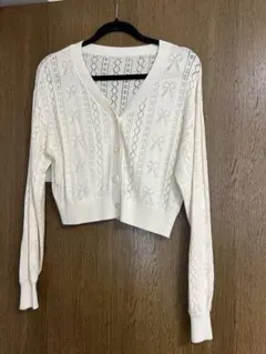 リボン模様 ホワイトカーディガン Mサイズ