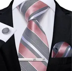 【4点セット】ネクタイストライプ結婚式二次会成人式ピンク白ホワイト銀シルバー