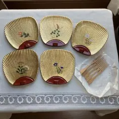 金沢金箔工芸　うちわ型銘々皿「四季」(伝統工芸品)５枚セット菓子皿