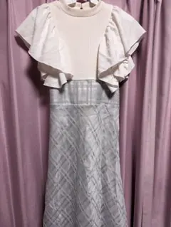 スナ系 mily bilet ダブルフリル袖チェックレースドッキングワンピース