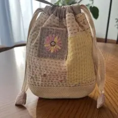 ブロックプリント 2wayフリル巾着バック⑥ ショルダーバッグ 