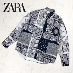 ZARA ペイズリー柄 総柄 長袖シャツ L リラックスフィット ザラ 黒 白
