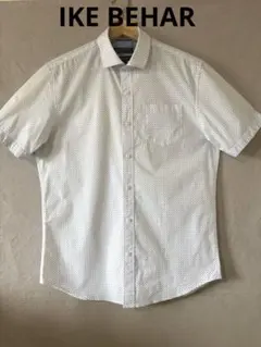 【美品】IKE BEHAR★①白×ブルー系 総柄★ストレッチ混 半袖シャツのサムネイル