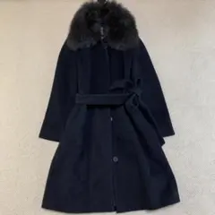 ロングコート 黒 毛 アンゴラ フォックスファー 紐ベルト S～M 古着