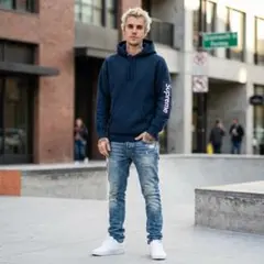 シュプリーム supreme 袖ロゴ パーカー 紺 M クリーニング済み
