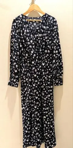 花柄 カシュクール 長袖 ロングワンピース ネイビー