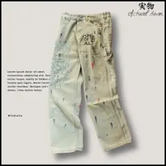 Y2K レトロ ペイント ビンテージイエローブルー ストレートデニムパンツ M