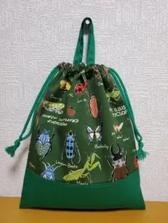 持ち手付き巾着袋 上靴入れ お道具袋 G昆虫図鑑 グリーン