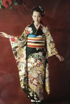 正絹　古典柄　濃い緑色　振袖セット