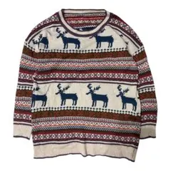 トナカイ柄 ノルディックニット セーター 雪柄 総柄 ヴィンテージ風 古着 冬物