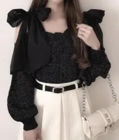 GRL gn334 ショルダーリボンオフショルラメニットカーディガン ブラック