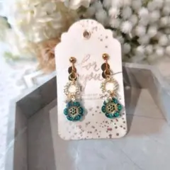 フープ/アンティークフラワー/粒粒イヤリング/ファルファーレ/ブルーグリーン