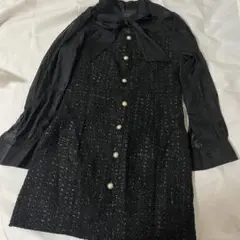 黒 ツイード ミニワンピース ボタン リボン チュール