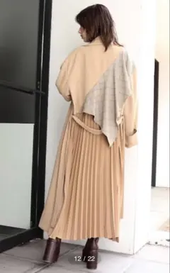 【美品】MURUA トレンチコート チェック プリーツ アシメ ベルト ベージュ