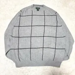 チェック柄 春 ニット XL コットン グレー 古着 メンズ ゆるだぼ シンプル
